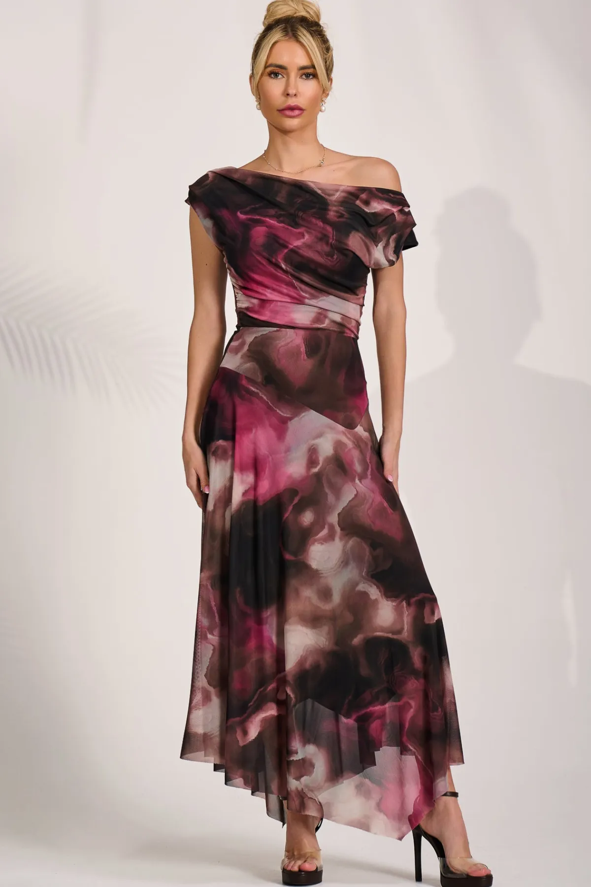 Jolie Moi Occasion Dresses|Maxi Dresses-Asymmetrical Draped Mesh Maxi Dress, Pink Abstract