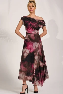 Jolie Moi Occasion Dresses|Maxi Dresses-Asymmetrical Draped Mesh Maxi Dress, Pink Abstract
