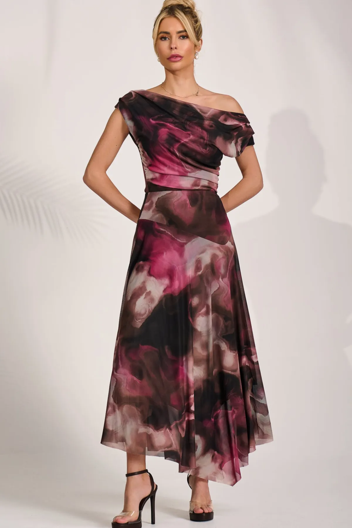Jolie Moi Occasion Dresses|Maxi Dresses-Asymmetrical Draped Mesh Maxi Dress, Pink Abstract