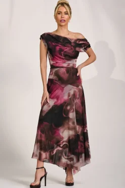 Jolie Moi Occasion Dresses|Maxi Dresses-Asymmetrical Draped Mesh Maxi Dress, Pink Abstract