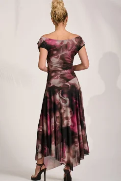 Jolie Moi Occasion Dresses|Maxi Dresses-Asymmetrical Draped Mesh Maxi Dress, Pink Abstract