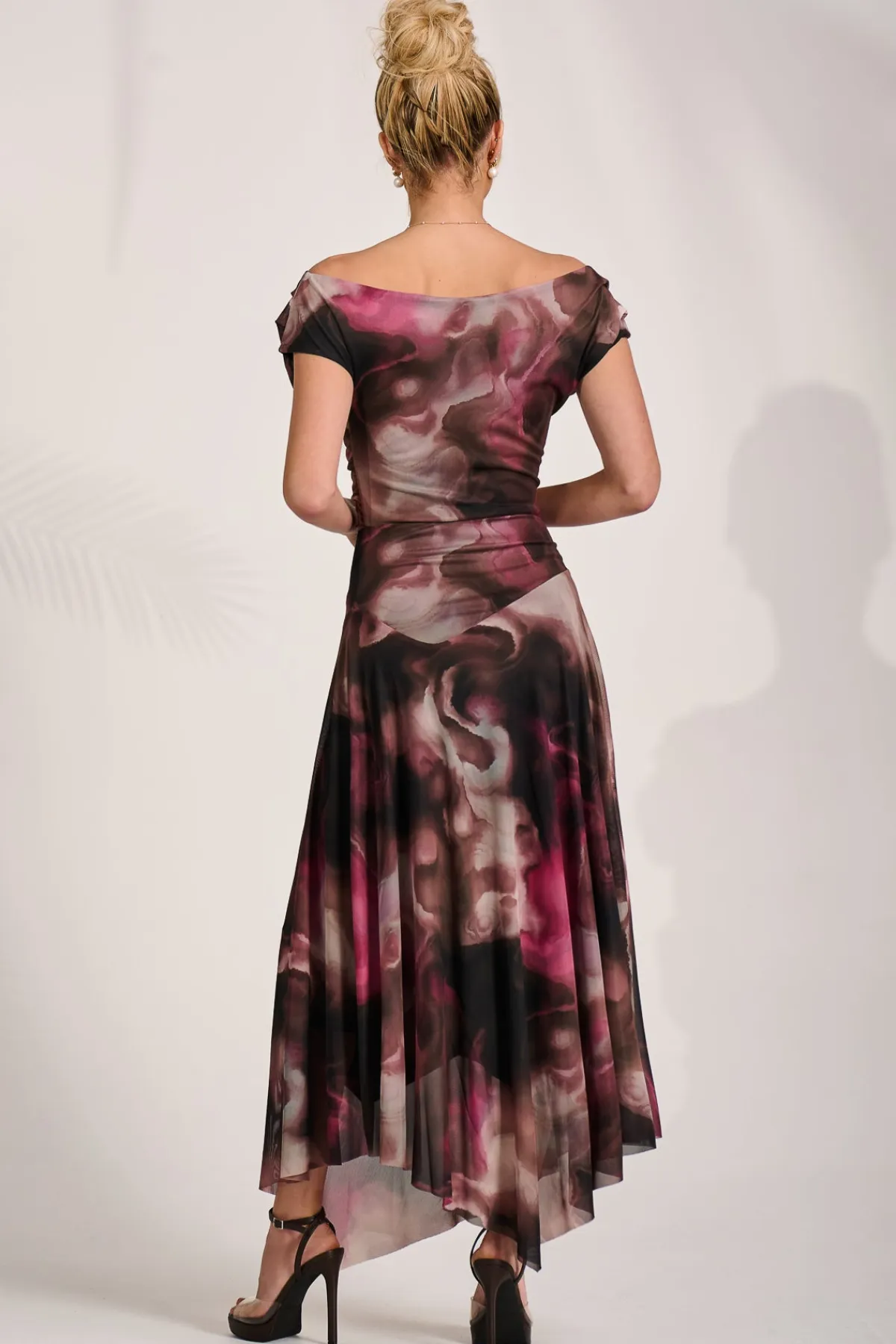 Jolie Moi Occasion Dresses|Maxi Dresses-Asymmetrical Draped Mesh Maxi Dress, Pink Abstract