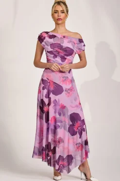 Jolie Moi Occasion Dresses|Mesh Dresses-Asymmetrical Draped Mesh Maxi Dress, Pink Floral
