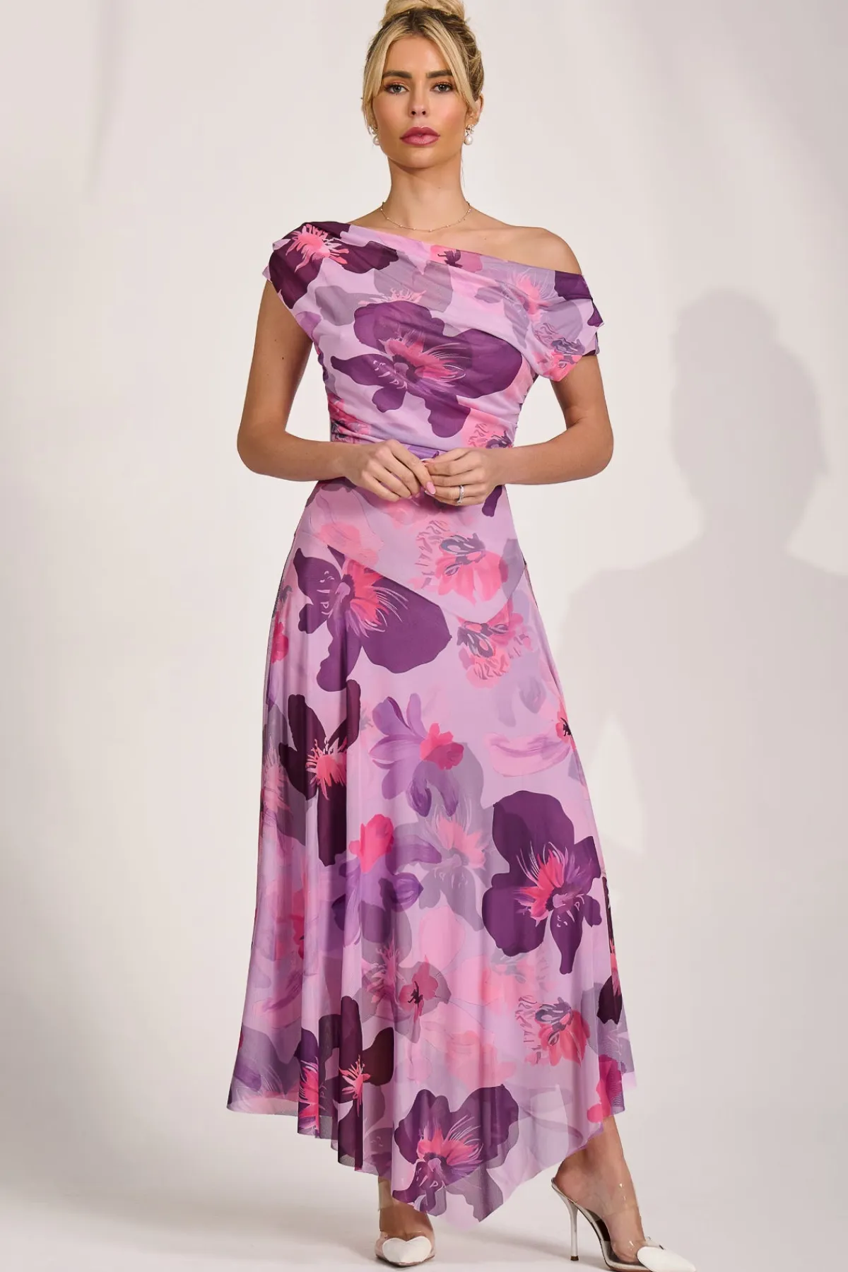 Jolie Moi Occasion Dresses|Mesh Dresses-Asymmetrical Draped Mesh Maxi Dress, Pink Floral