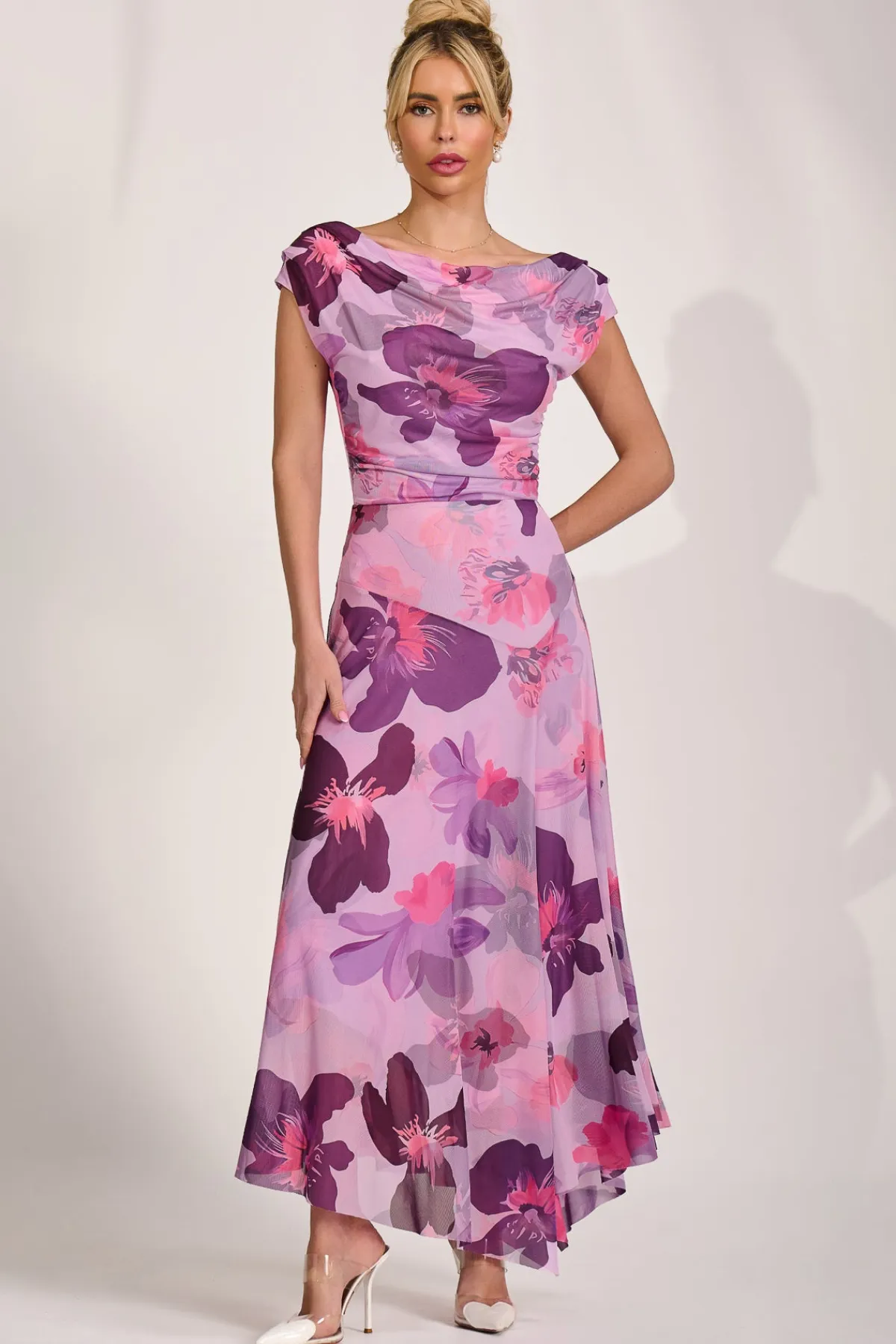 Jolie Moi Occasion Dresses|Mesh Dresses-Asymmetrical Draped Mesh Maxi Dress, Pink Floral