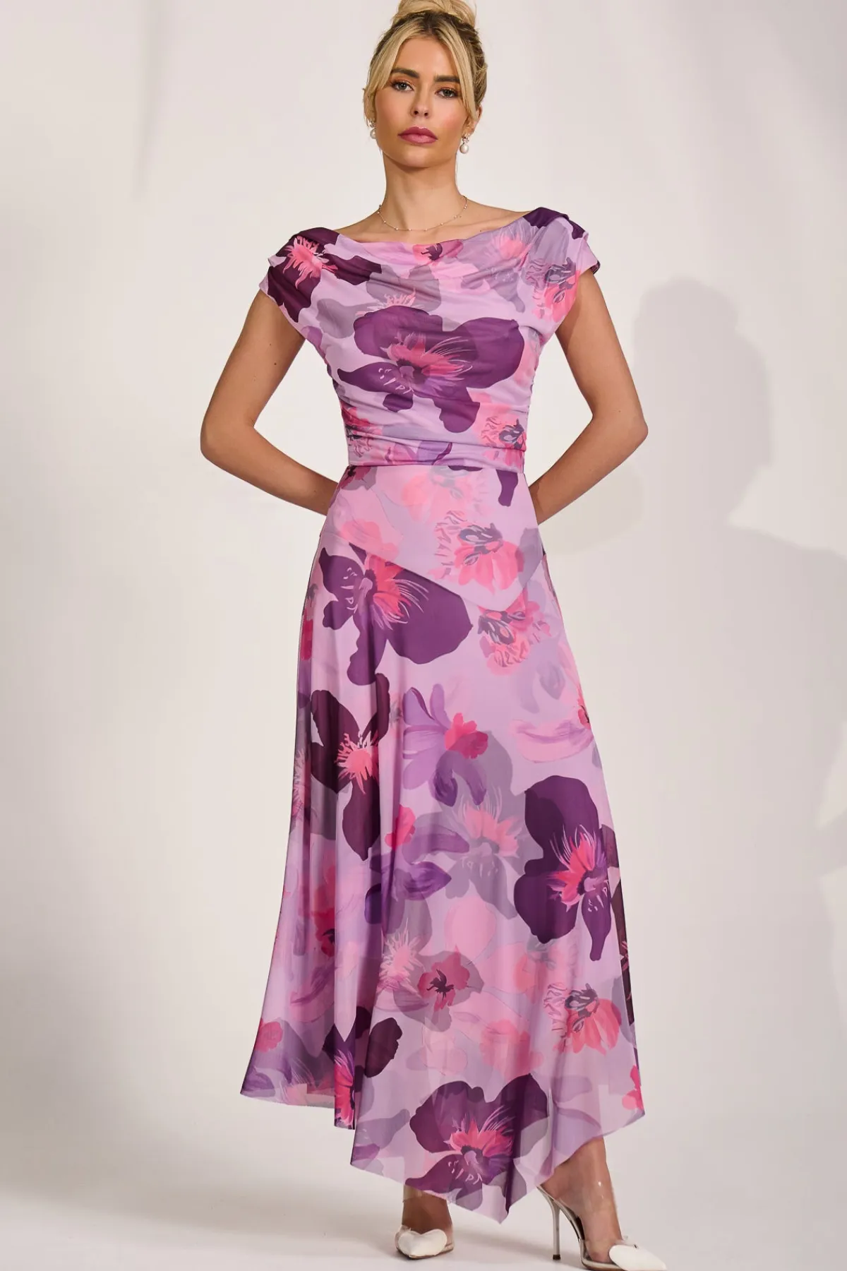 Jolie Moi Occasion Dresses|Mesh Dresses-Asymmetrical Draped Mesh Maxi Dress, Pink Floral