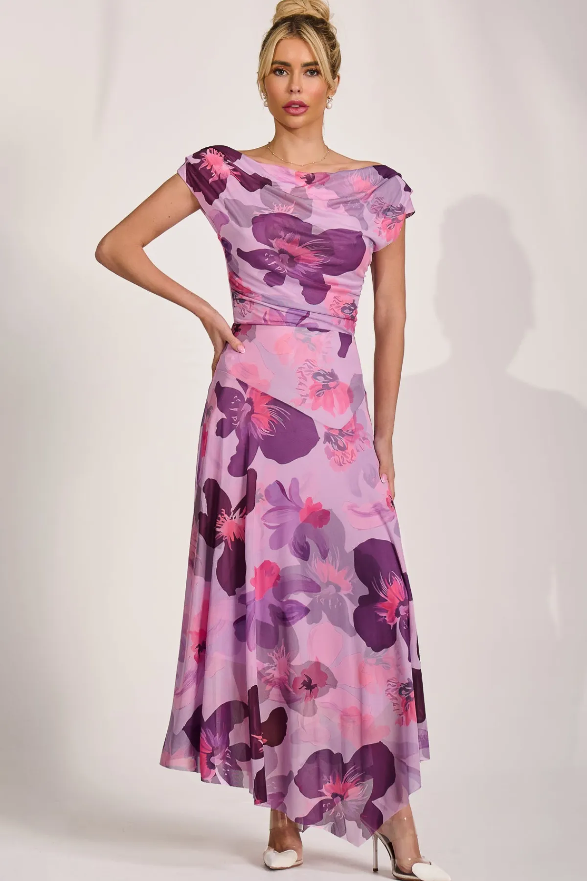 Jolie Moi Occasion Dresses|Mesh Dresses-Asymmetrical Draped Mesh Maxi Dress, Pink Floral