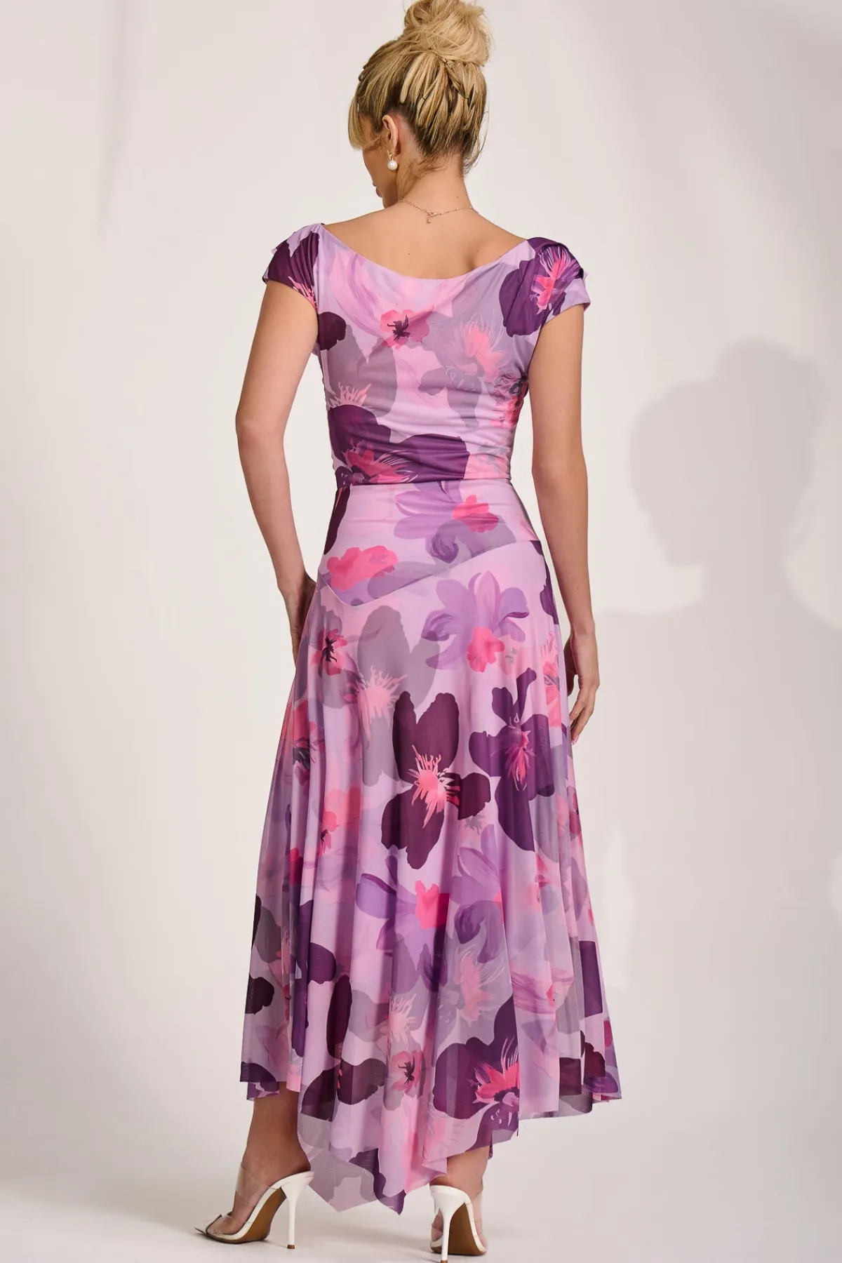 Jolie Moi Occasion Dresses|Mesh Dresses-Asymmetrical Draped Mesh Maxi Dress, Pink Floral