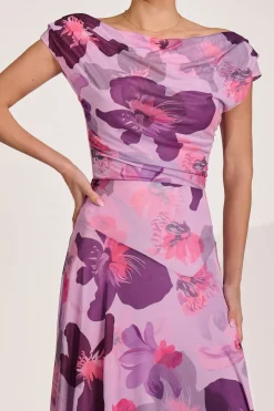 Jolie Moi Occasion Dresses|Mesh Dresses-Asymmetrical Draped Mesh Maxi Dress, Pink Floral