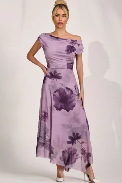 Jolie Moi Occasion Dresses|Mesh Dresses-Asymmetrical Draped Mesh Maxi Dress, Purple Floral