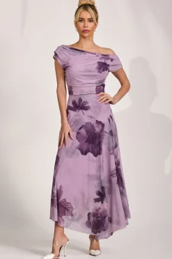 Jolie Moi Occasion Dresses|Mesh Dresses-Asymmetrical Draped Mesh Maxi Dress, Purple Floral