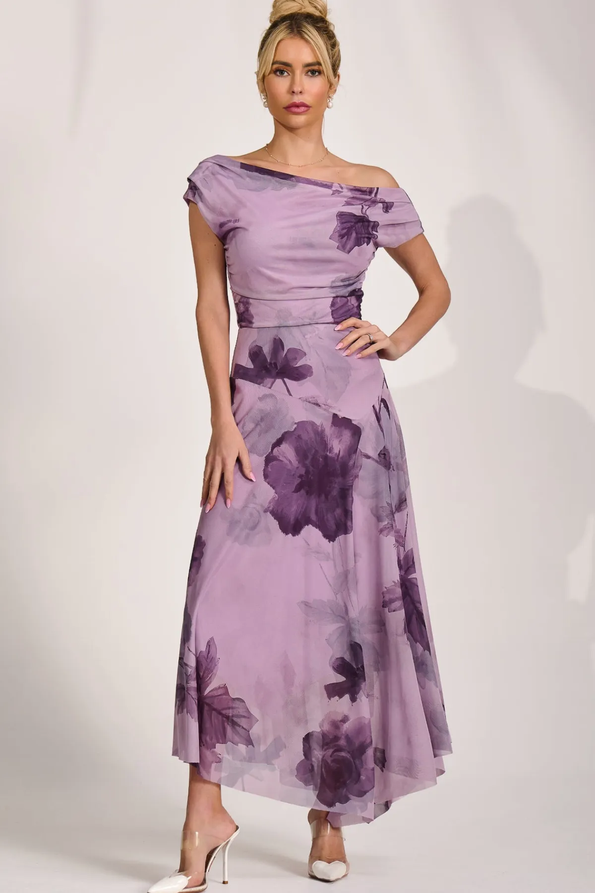 Jolie Moi Occasion Dresses|Mesh Dresses-Asymmetrical Draped Mesh Maxi Dress, Purple Floral