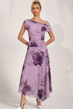 Jolie Moi Occasion Dresses|Mesh Dresses-Asymmetrical Draped Mesh Maxi Dress, Purple Floral