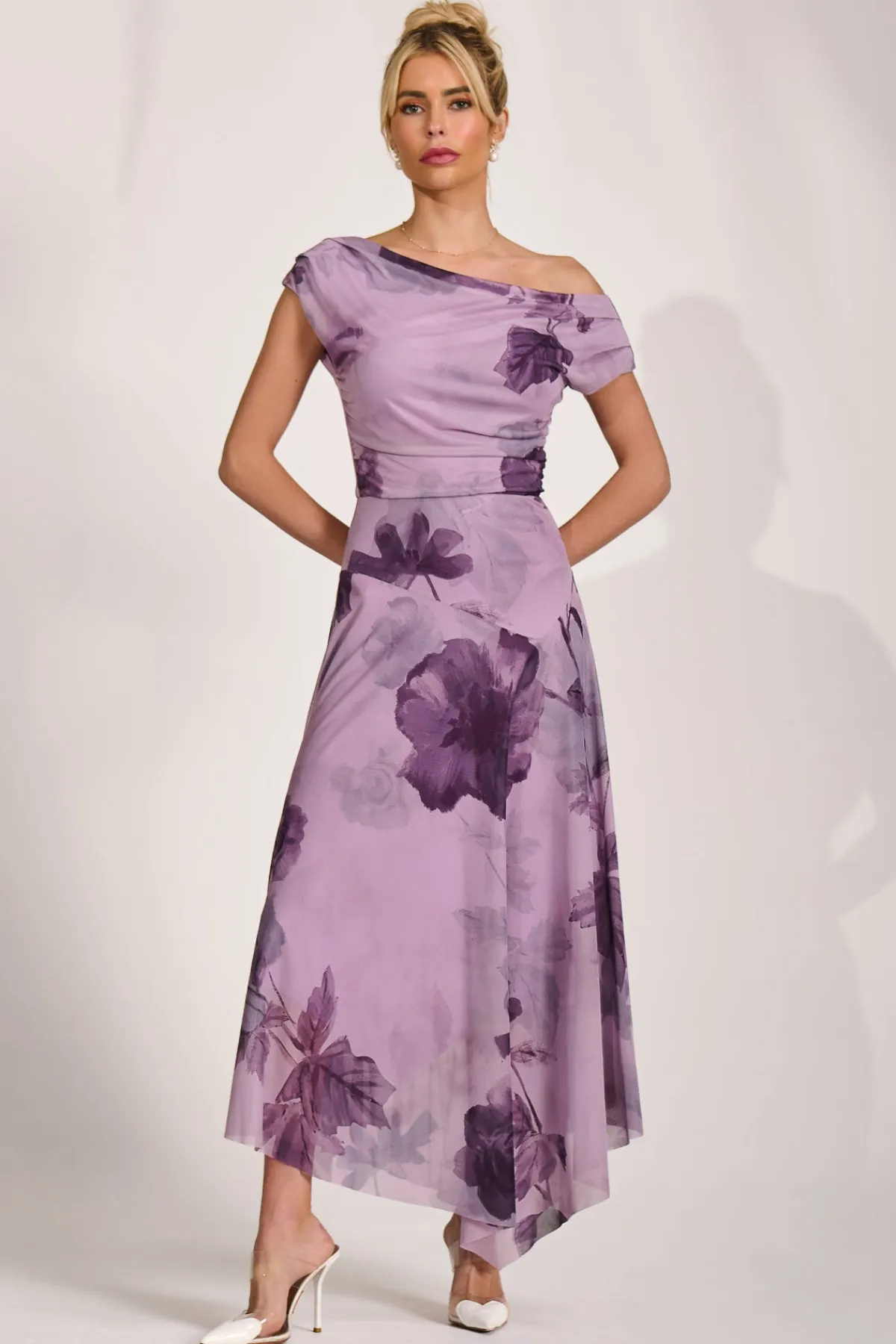 Jolie Moi Occasion Dresses|Mesh Dresses-Asymmetrical Draped Mesh Maxi Dress, Purple Floral