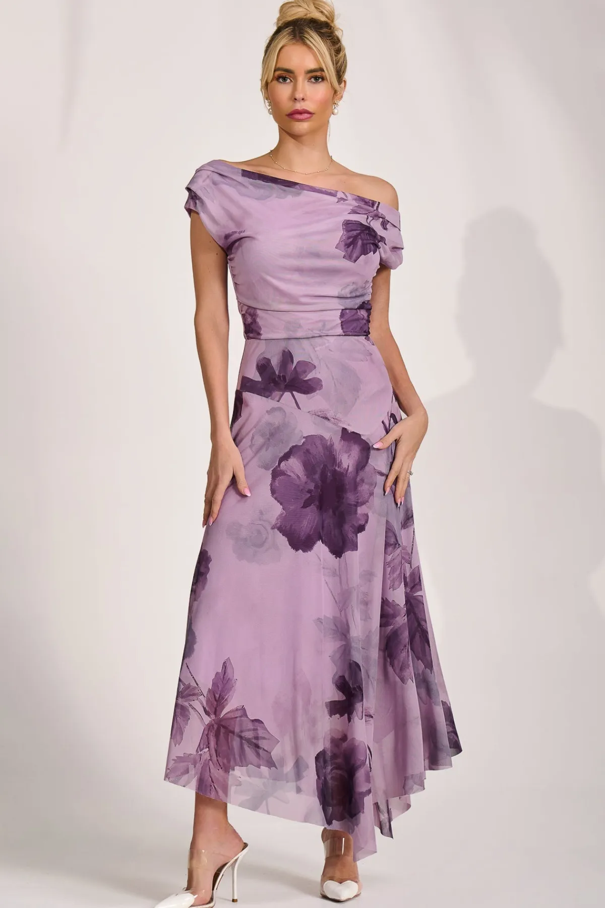 Jolie Moi Occasion Dresses|Mesh Dresses-Asymmetrical Draped Mesh Maxi Dress, Purple Floral