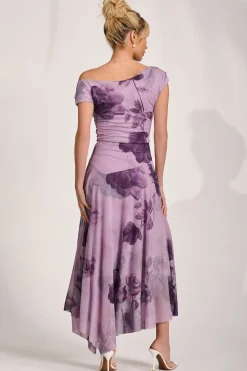 Jolie Moi Occasion Dresses|Mesh Dresses-Asymmetrical Draped Mesh Maxi Dress, Purple Floral