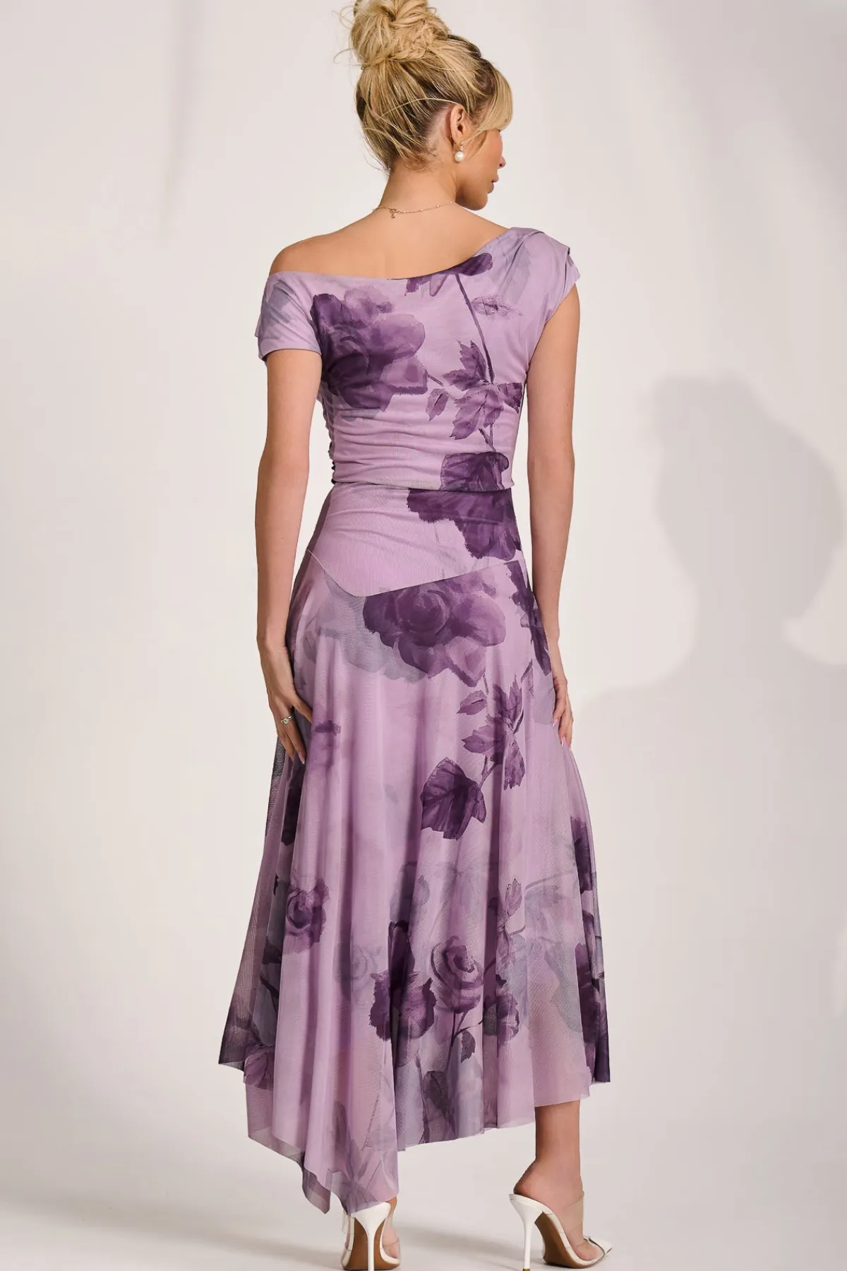 Jolie Moi Occasion Dresses|Mesh Dresses-Asymmetrical Draped Mesh Maxi Dress, Purple Floral