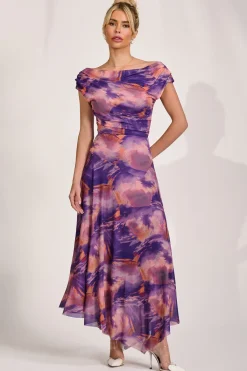Jolie Moi Mesh Dresses|Maxi Dresses-Asymmetrical Draped Mesh Maxi Dress, Purple Multi