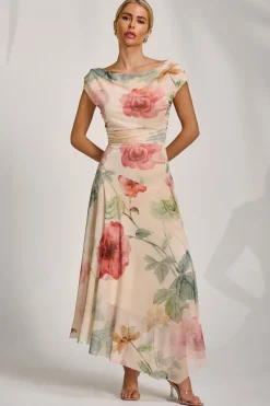 Jolie Moi Occasion Dresses|Floral Dresses-Asymmetrical Draped Mesh Maxi Dress, Yellow Floral