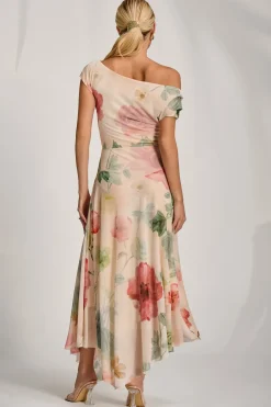 Jolie Moi Occasion Dresses|Floral Dresses-Asymmetrical Draped Mesh Maxi Dress, Yellow Floral