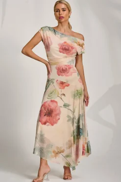 Jolie Moi Occasion Dresses|Floral Dresses-Asymmetrical Draped Mesh Maxi Dress, Yellow Floral