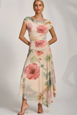 Jolie Moi Occasion Dresses|Floral Dresses-Asymmetrical Draped Mesh Maxi Dress, Yellow Floral