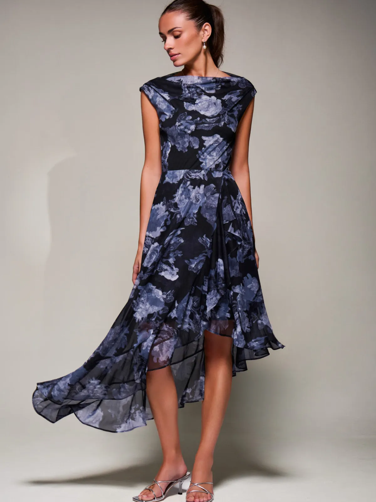 Jolie Moi Occasion Dresses|Sleeveless Dresses- Asymmetrical Draped Mesh Midaxi Dress Black Abstract