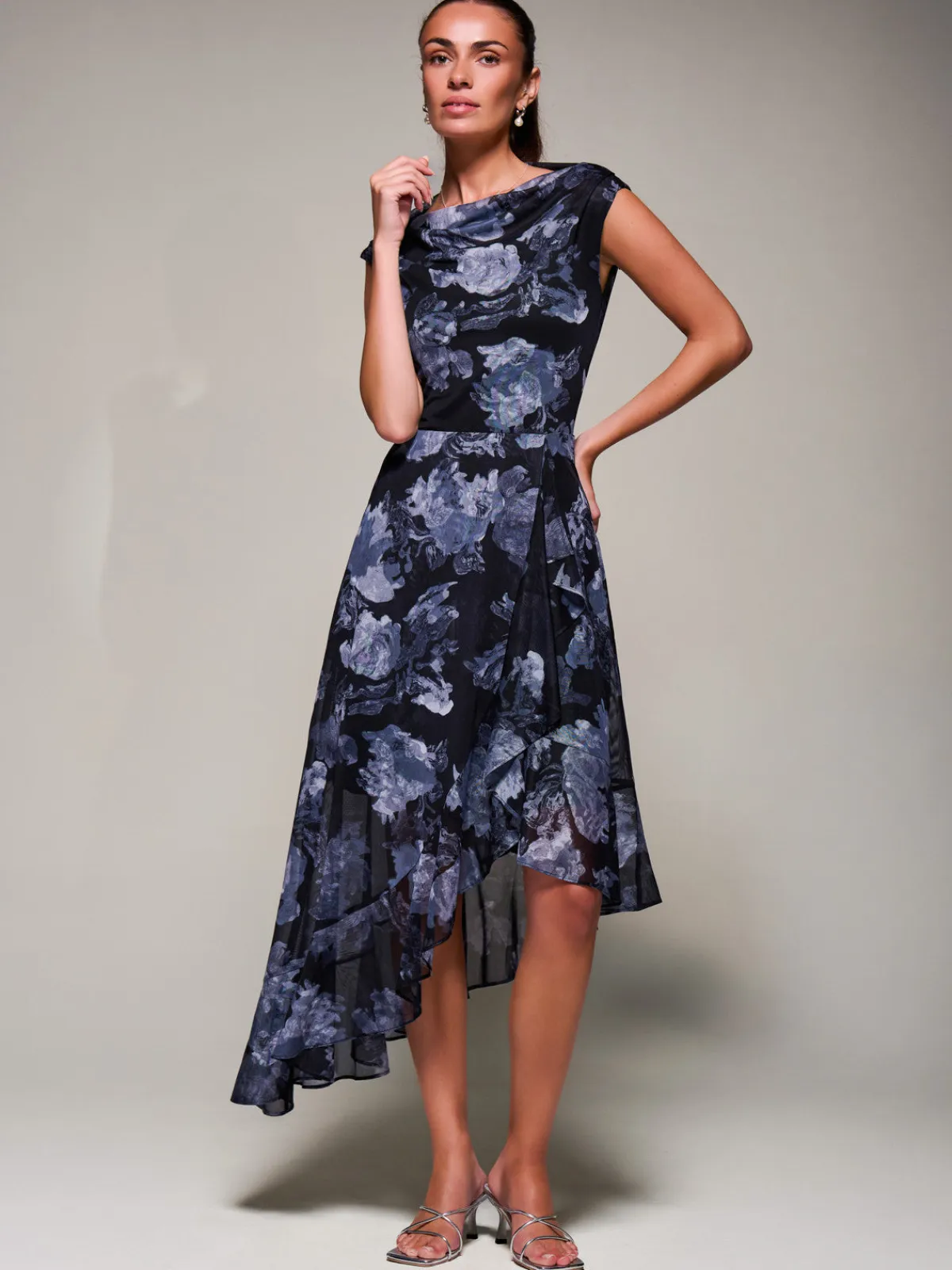 Jolie Moi Occasion Dresses|Sleeveless Dresses- Asymmetrical Draped Mesh Midaxi Dress Black Abstract