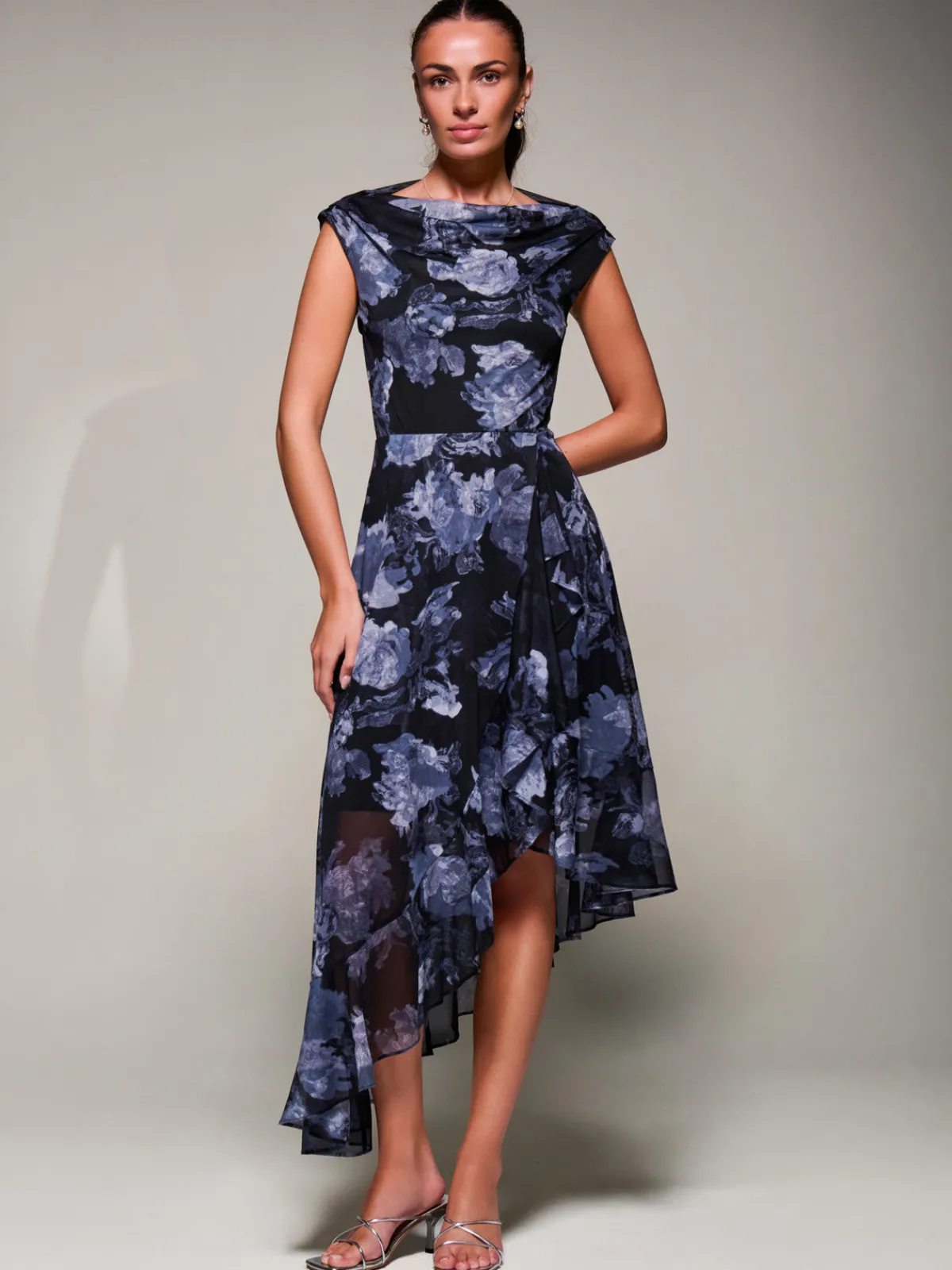 Jolie Moi Occasion Dresses|Sleeveless Dresses- Asymmetrical Draped Mesh Midaxi Dress Black Abstract