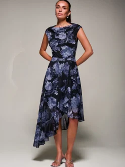Jolie Moi Occasion Dresses|Sleeveless Dresses- Asymmetrical Draped Mesh Midaxi Dress Black Abstract