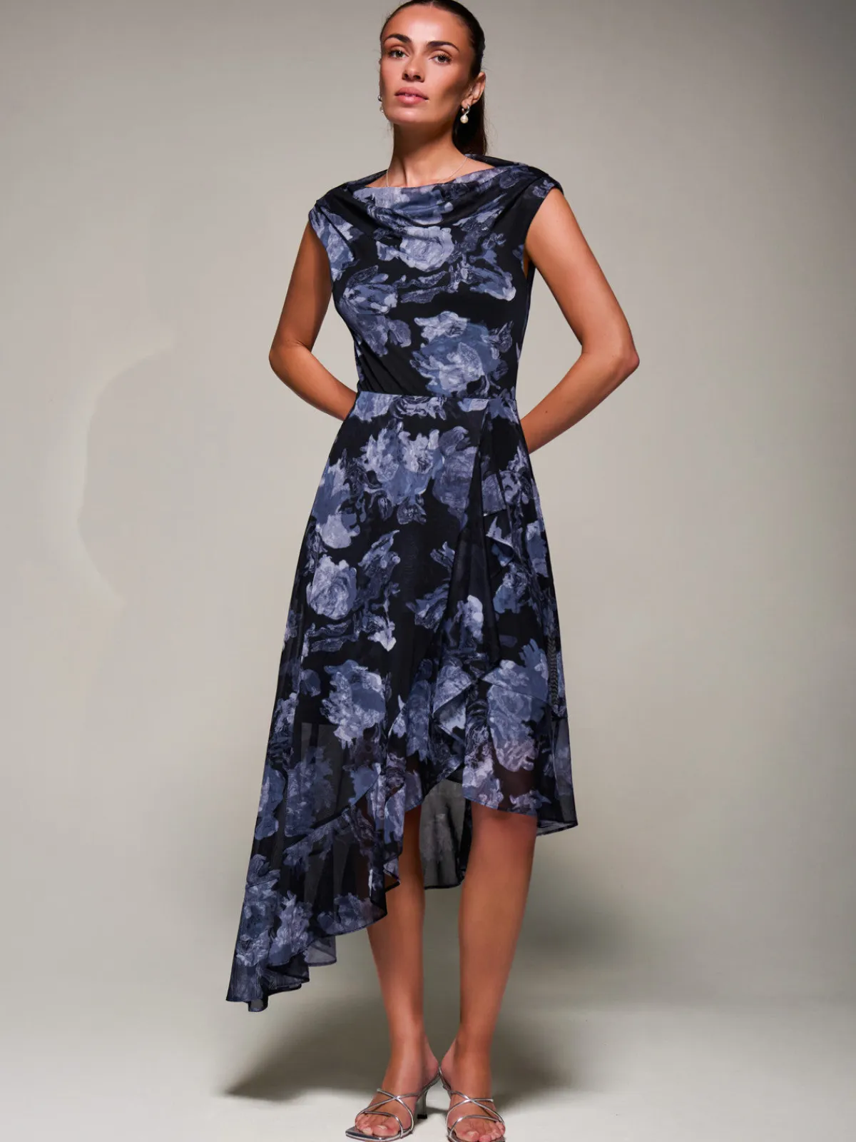 Jolie Moi Occasion Dresses|Sleeveless Dresses- Asymmetrical Draped Mesh Midaxi Dress Black Abstract