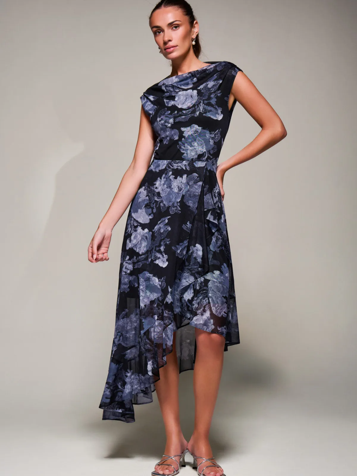 Jolie Moi Occasion Dresses|Sleeveless Dresses- Asymmetrical Draped Mesh Midaxi Dress Black Abstract