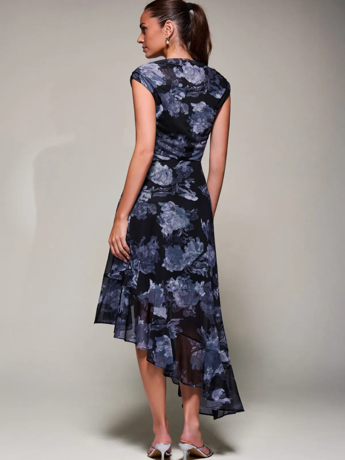 Jolie Moi Occasion Dresses|Sleeveless Dresses- Asymmetrical Draped Mesh Midaxi Dress Black Abstract