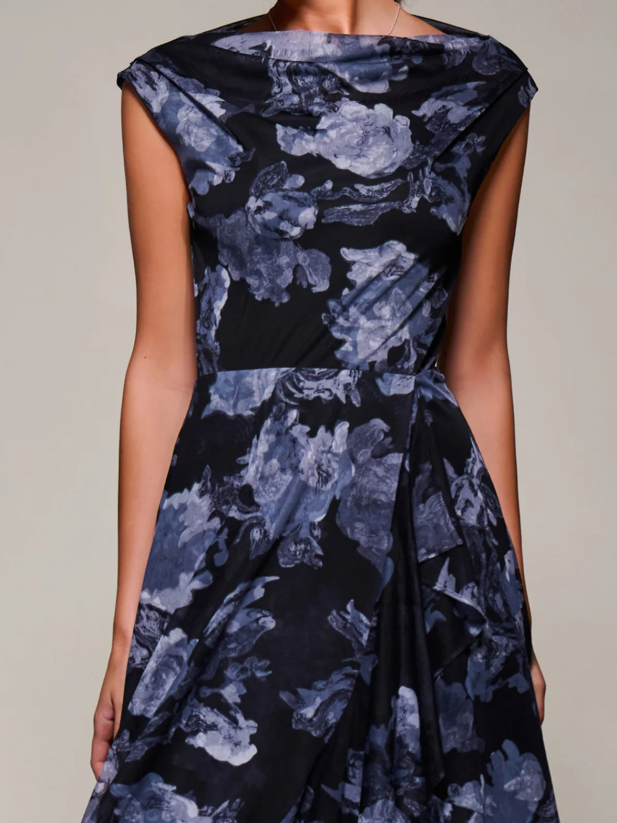 Jolie Moi Occasion Dresses|Sleeveless Dresses- Asymmetrical Draped Mesh Midaxi Dress Black Abstract