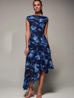 Jolie Moi Occasion Dresses|Floral Dresses- Asymmetrical Draped Mesh Midaxi Dress Blue Floral
