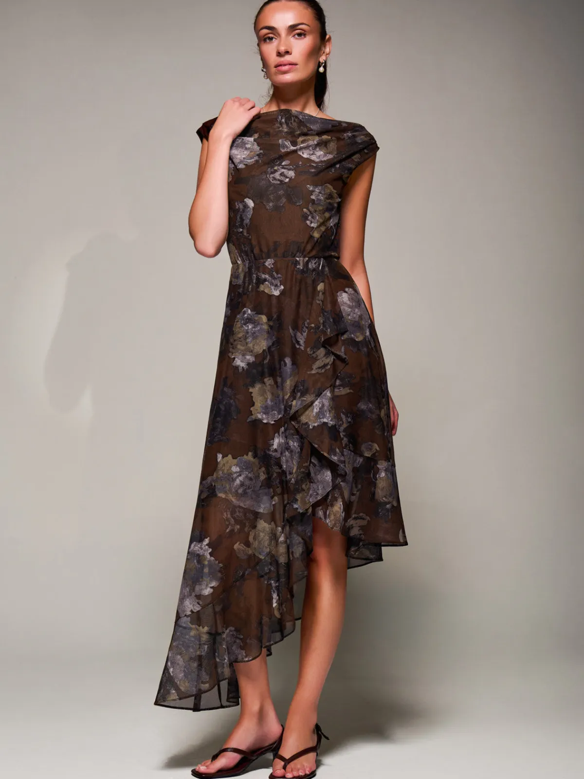 Jolie Moi Occasion Dresses|Sleeveless Dresses- Asymmetrical Draped Mesh Midaxi Dress Brown Abstract