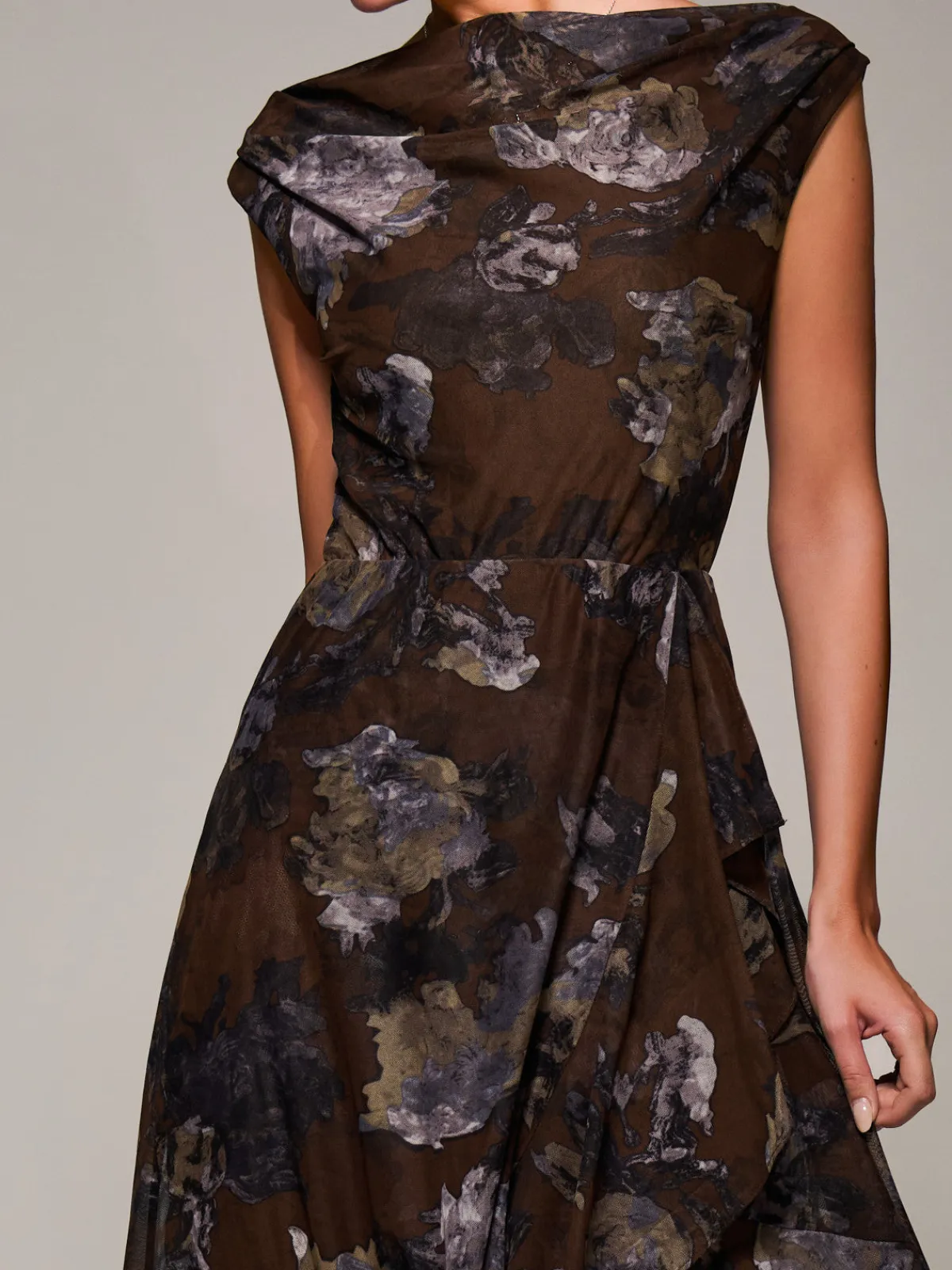 Jolie Moi Occasion Dresses|Sleeveless Dresses- Asymmetrical Draped Mesh Midaxi Dress Brown Abstract