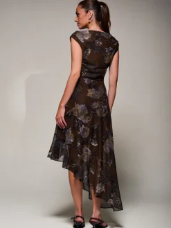 Jolie Moi Occasion Dresses|Sleeveless Dresses- Asymmetrical Draped Mesh Midaxi Dress Brown Abstract