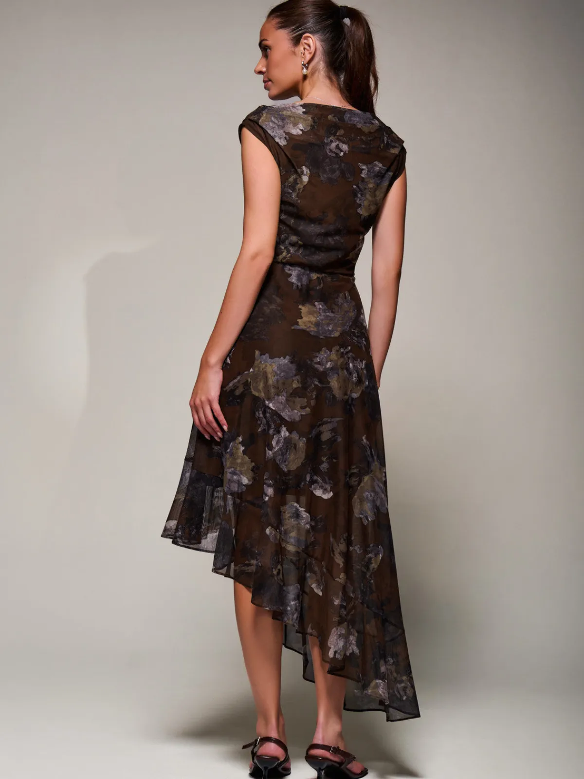 Jolie Moi Occasion Dresses|Sleeveless Dresses- Asymmetrical Draped Mesh Midaxi Dress Brown Abstract