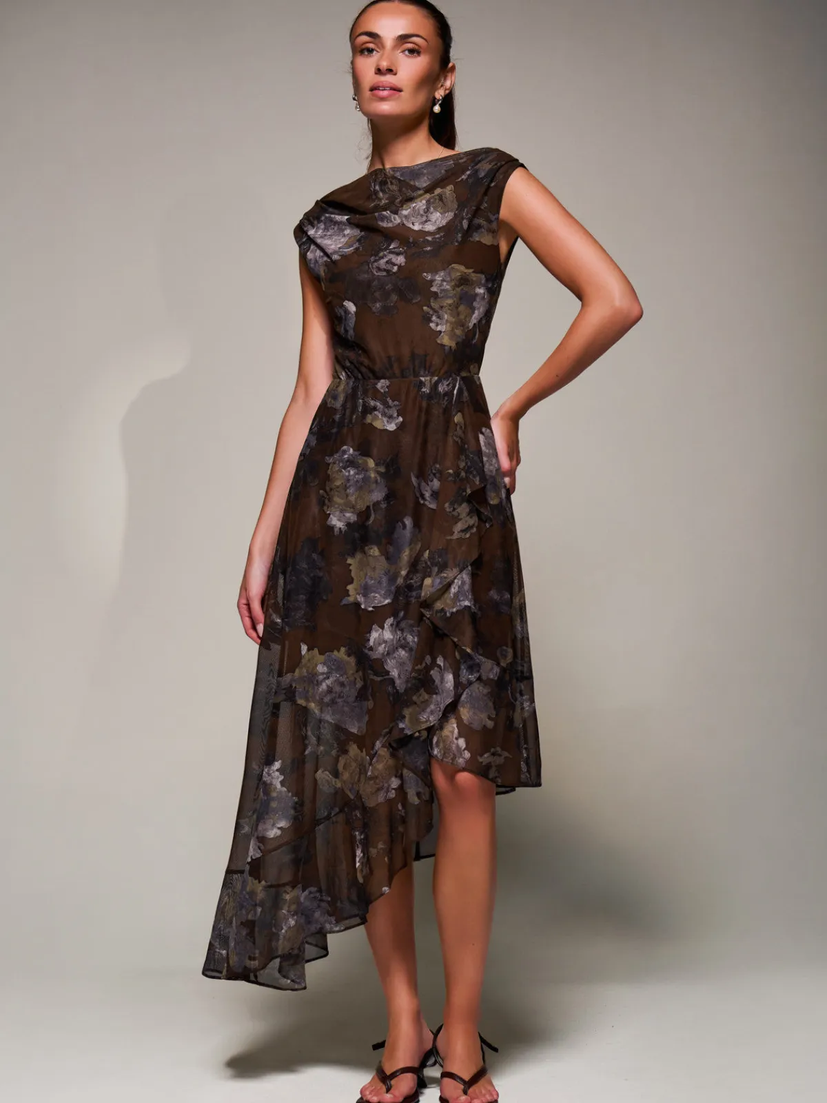 Jolie Moi Occasion Dresses|Sleeveless Dresses- Asymmetrical Draped Mesh Midaxi Dress Brown Abstract