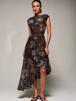 Jolie Moi Occasion Dresses|Sleeveless Dresses- Asymmetrical Draped Mesh Midaxi Dress Brown Abstract