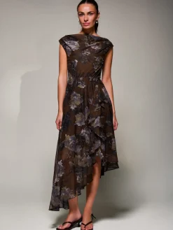 Jolie Moi Occasion Dresses|Sleeveless Dresses- Asymmetrical Draped Mesh Midaxi Dress Brown Abstract