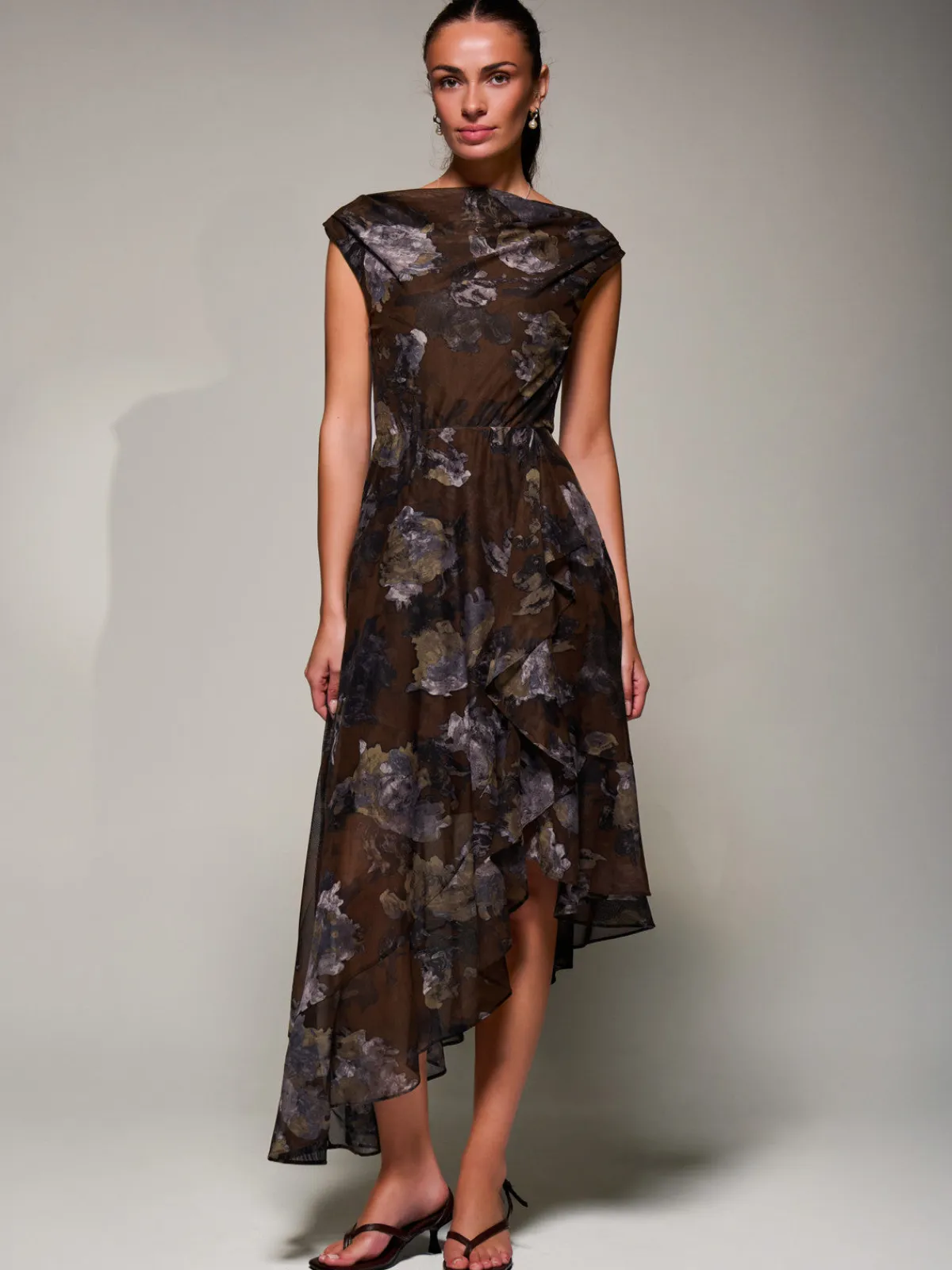 Jolie Moi Occasion Dresses|Sleeveless Dresses- Asymmetrical Draped Mesh Midaxi Dress Brown Abstract
