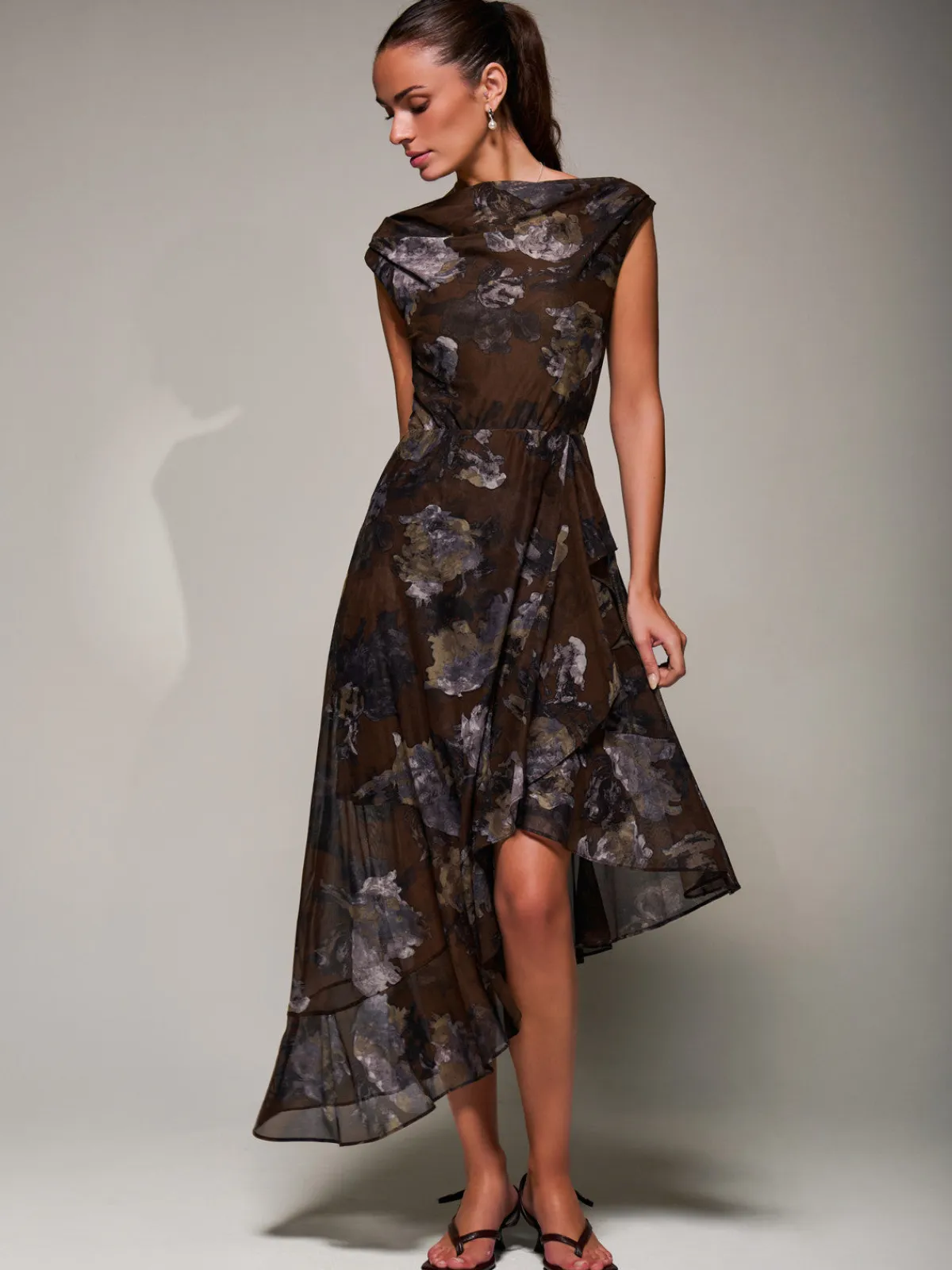 Jolie Moi Occasion Dresses|Sleeveless Dresses- Asymmetrical Draped Mesh Midaxi Dress Brown Abstract