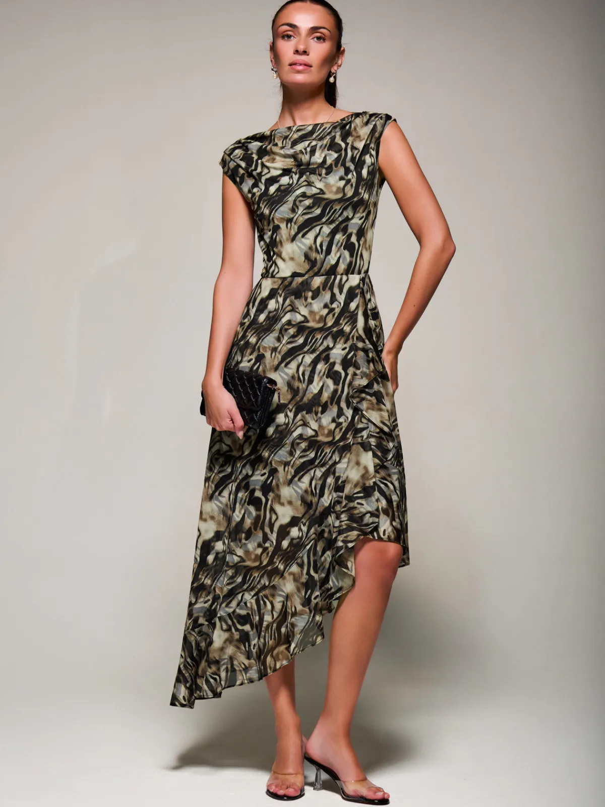 Jolie Moi Occasion Dresses|Sleeveless Dresses- Asymmetrical Draped Mesh Midaxi Dress Brown Animal