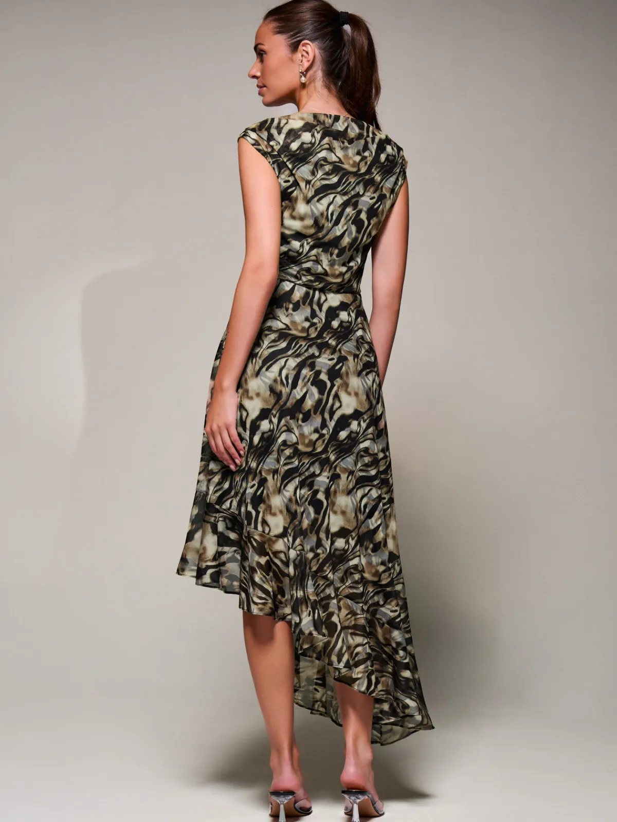Jolie Moi Occasion Dresses|Sleeveless Dresses- Asymmetrical Draped Mesh Midaxi Dress Brown Animal