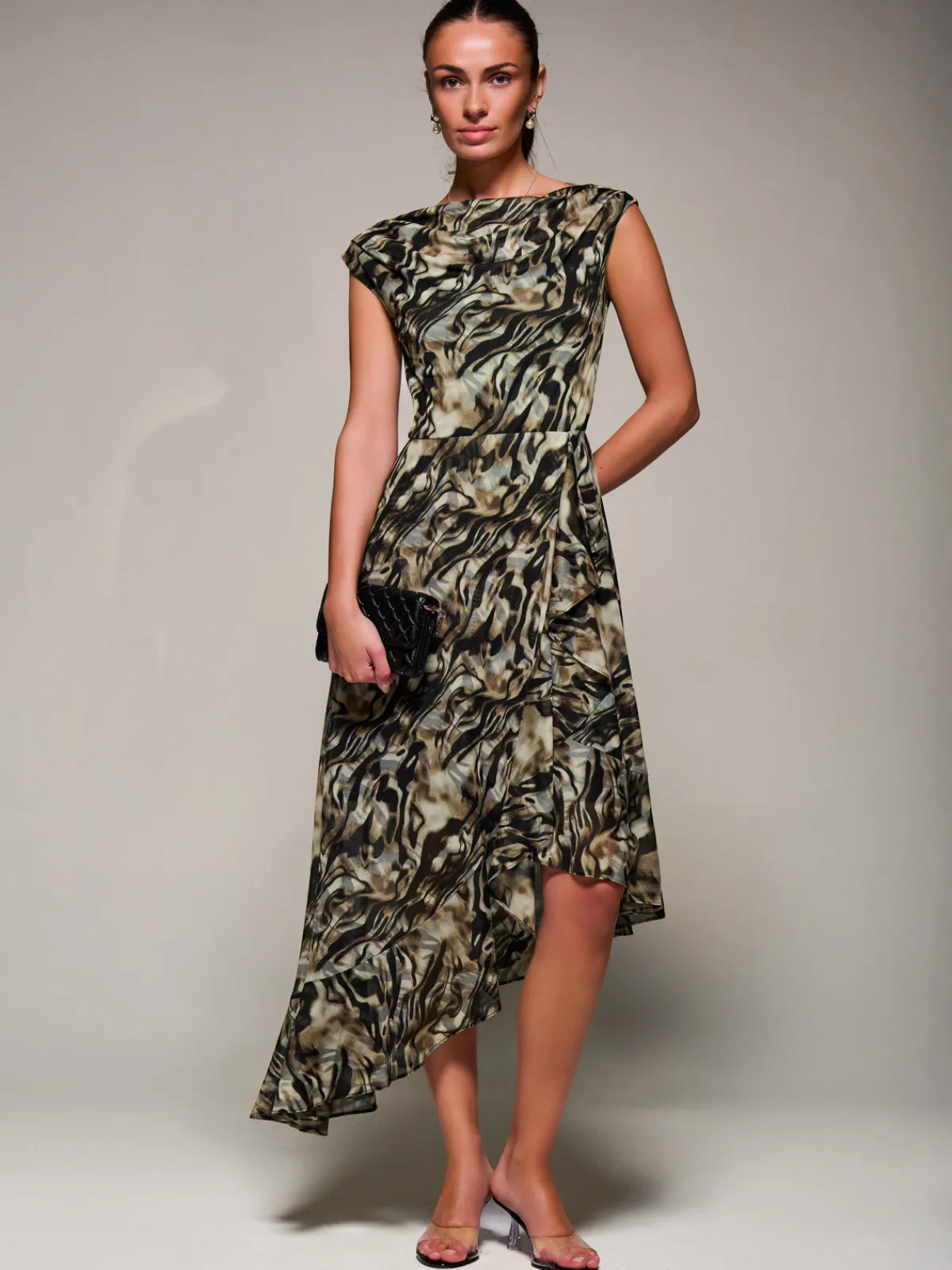 Jolie Moi Occasion Dresses|Sleeveless Dresses- Asymmetrical Draped Mesh Midaxi Dress Brown Animal
