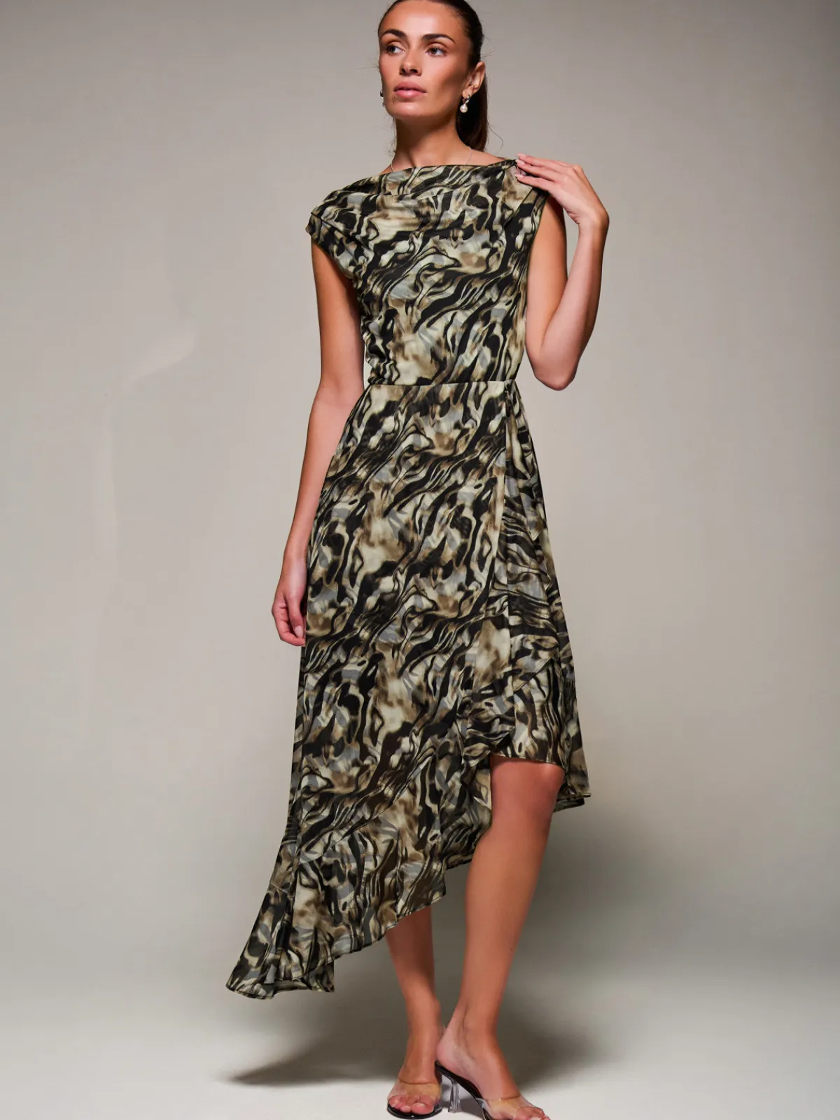 Jolie Moi Occasion Dresses|Sleeveless Dresses- Asymmetrical Draped Mesh Midaxi Dress Brown Animal