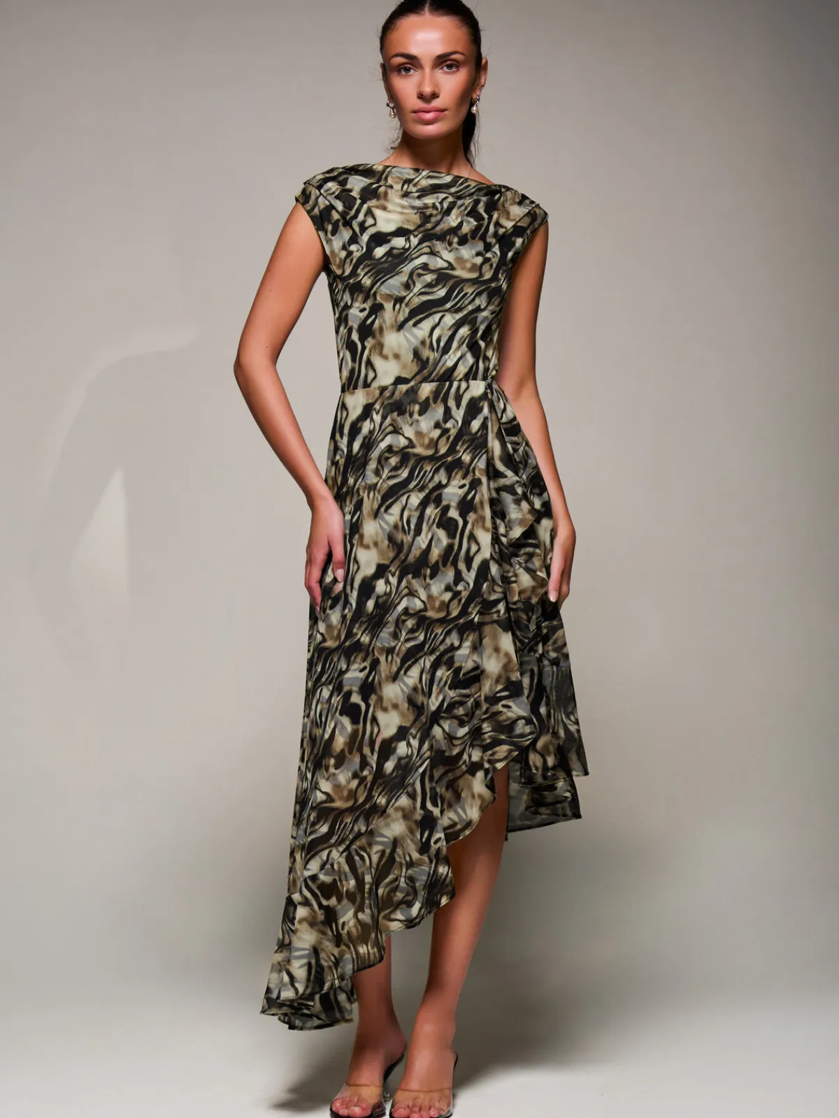 Jolie Moi Occasion Dresses|Sleeveless Dresses- Asymmetrical Draped Mesh Midaxi Dress Brown Animal
