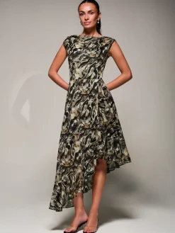 Jolie Moi Occasion Dresses|Sleeveless Dresses- Asymmetrical Draped Mesh Midaxi Dress Brown Animal